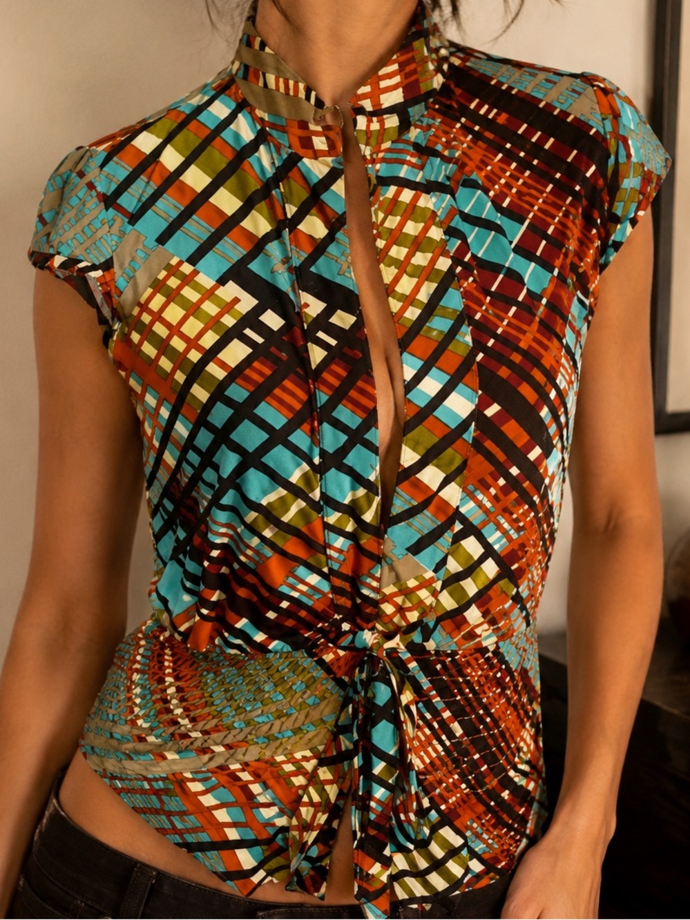Y2K Luly K New York Geometric Print Tie Waist Blouse Top L